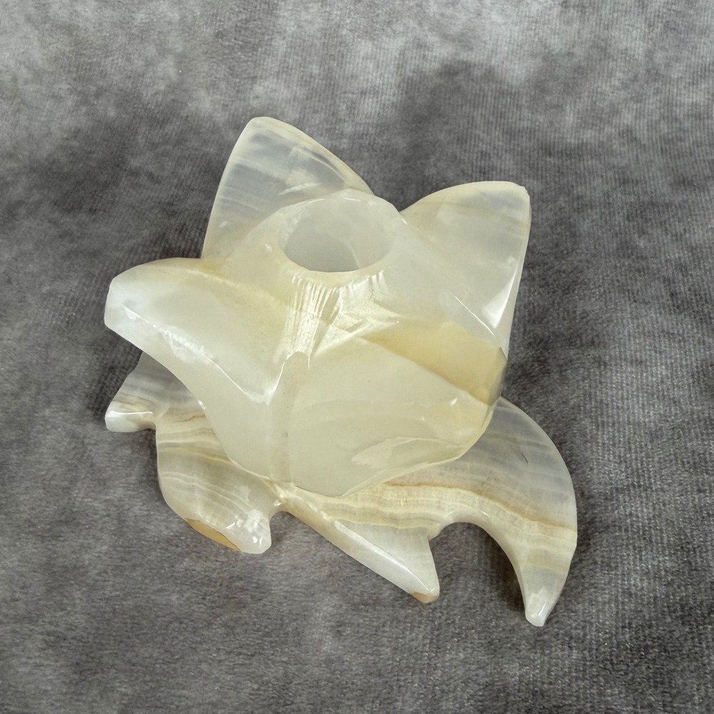 Vtg Carved Cream Onyx Stone Tulip Flower Candle Holder Leaf Base Tan 3"